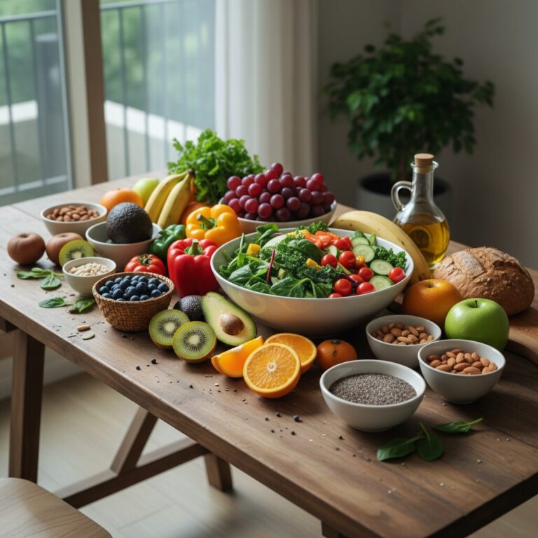 신선한 채소 과일 견과류 등 다이어트 식재료가 테이블 위에 다양하게 놓여 있음