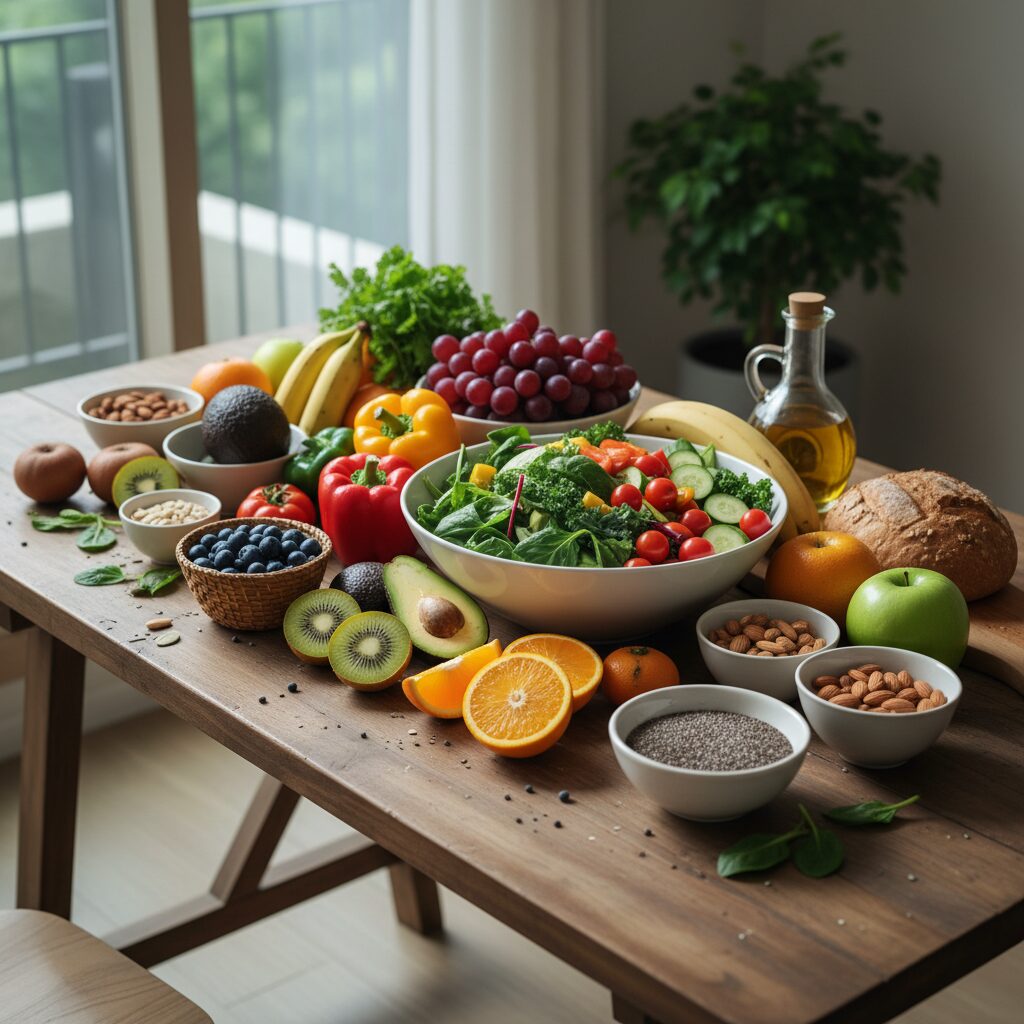 다이어트 식단 쉽게 짜는 법 신선한 채소 과일 견과류 등 다이어트 식재료가 테이블 위에 다양하게 놓여 있음