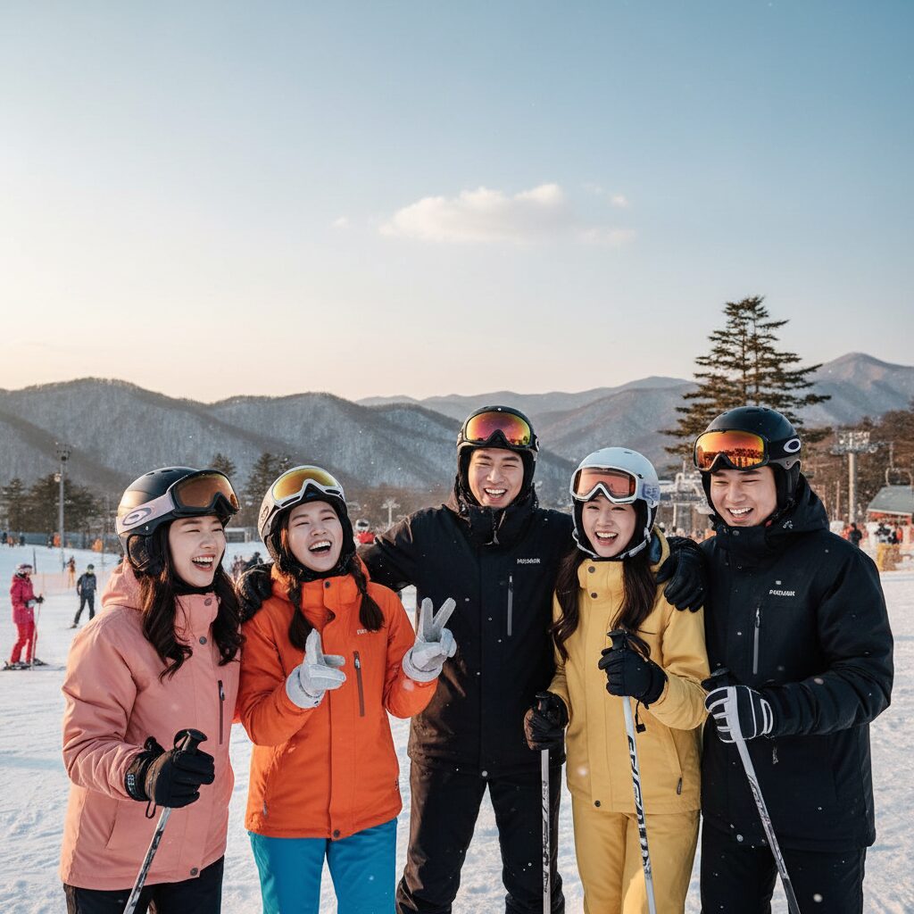 친구들과 함께 웃으며 스키장에서 포즈 취하는 모습