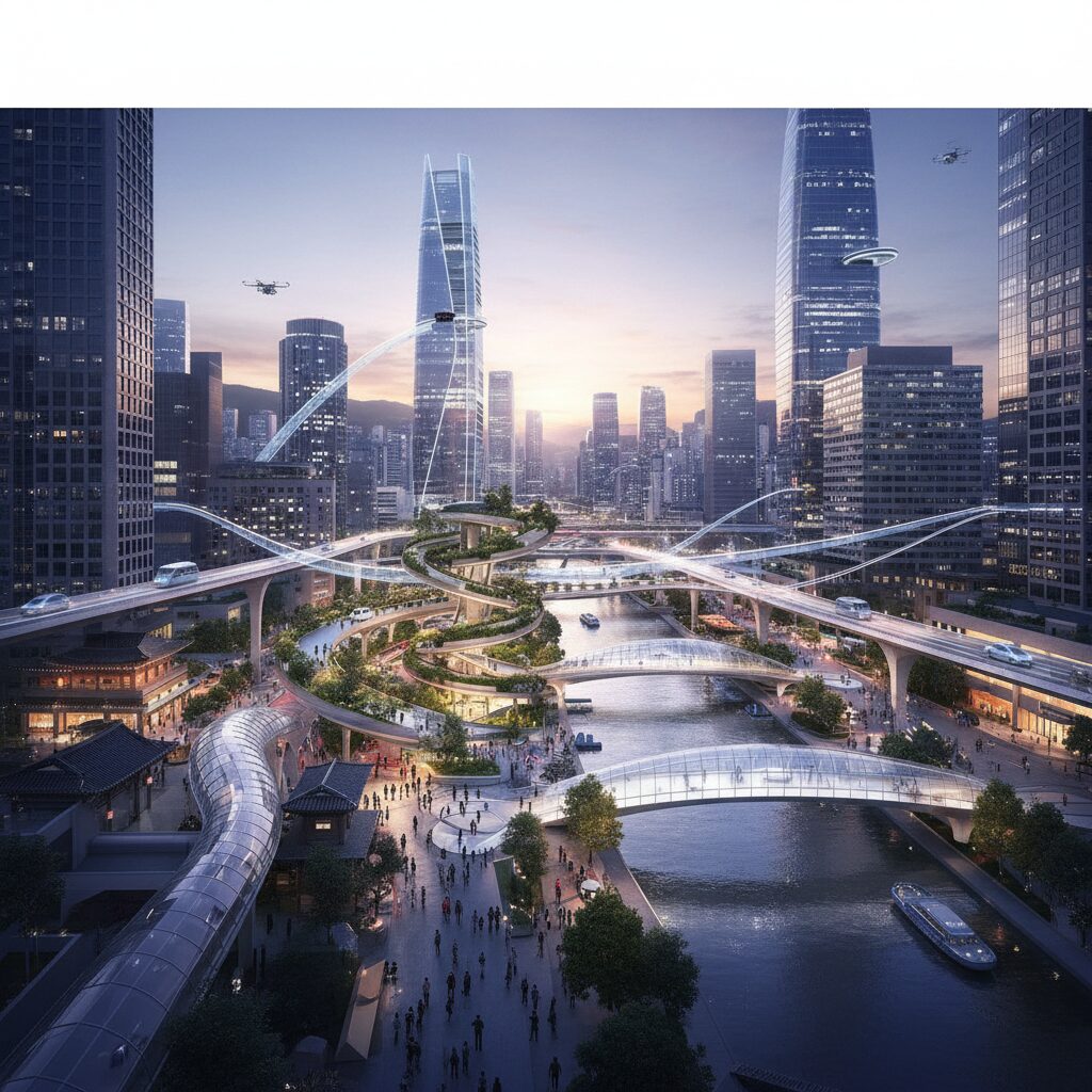 미래 도시와 교통망 연결 상상도