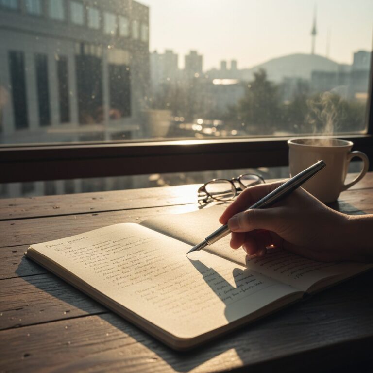 햇살이 비치는 창가에서 미래 계획을 적는 노트와 펜