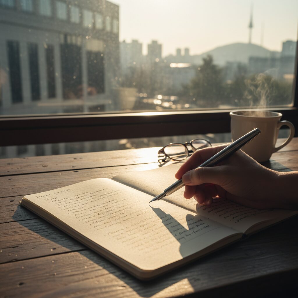 햇살이 비치는 창가에서 미래 계획을 적는 노트와 펜