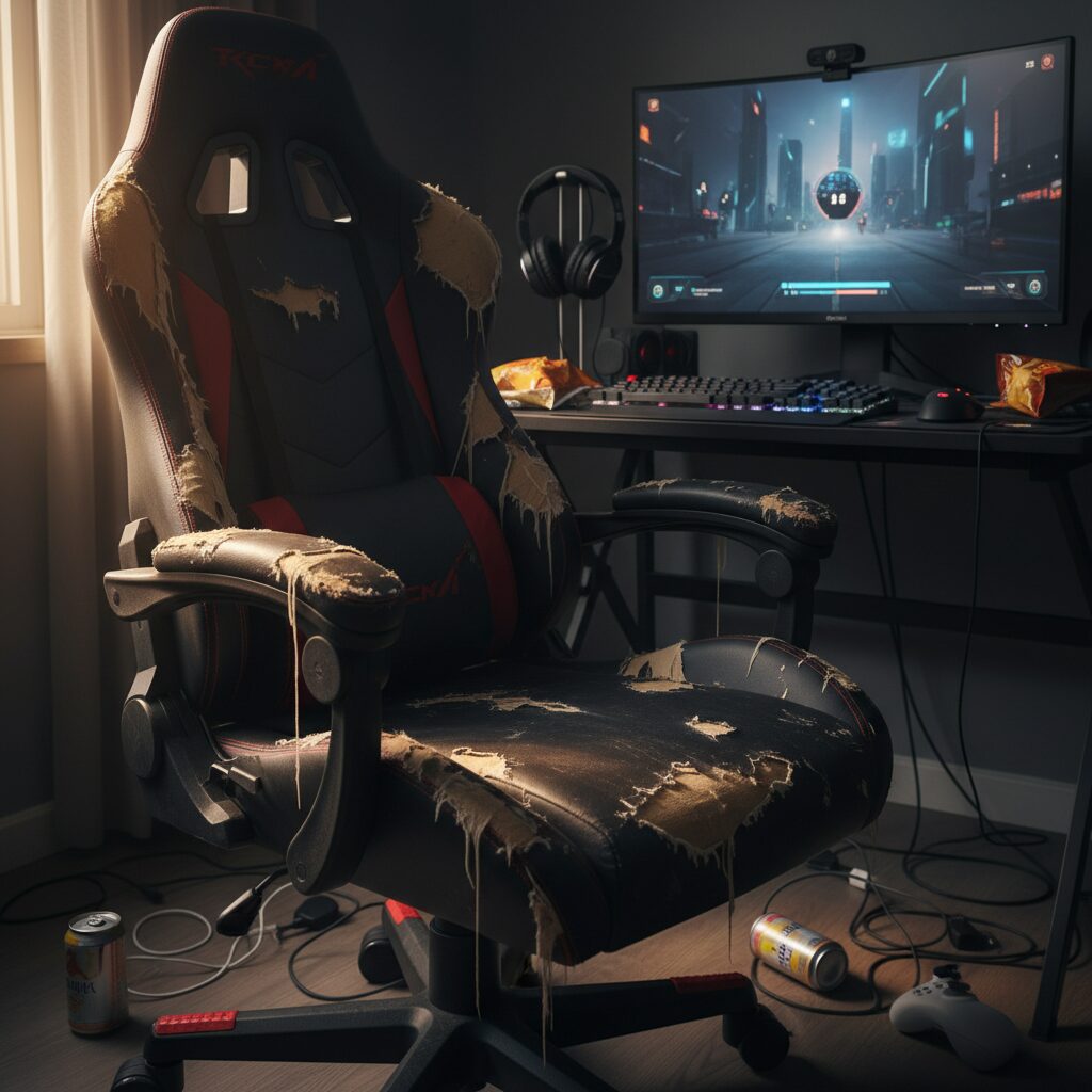 벗겨진 가죽이 보이는 게이밍 의자 사진