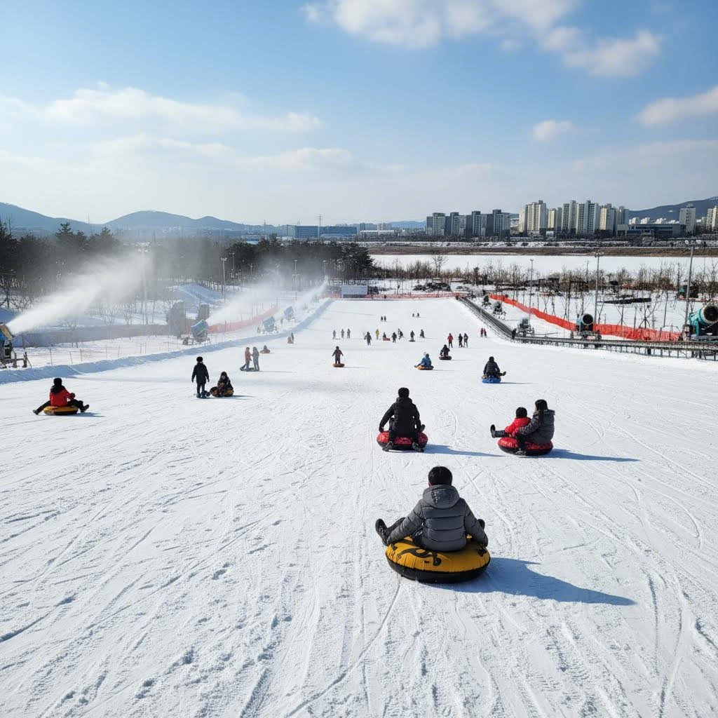 김포 인조눈 썰매장의 넓은 슬로프 전경