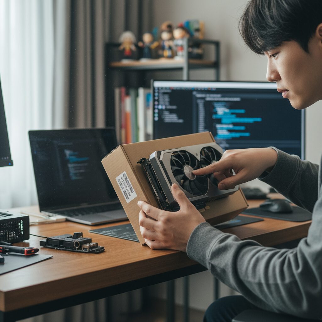 새 그래픽카드 박스와 시리얼 번호 확인하는 모습