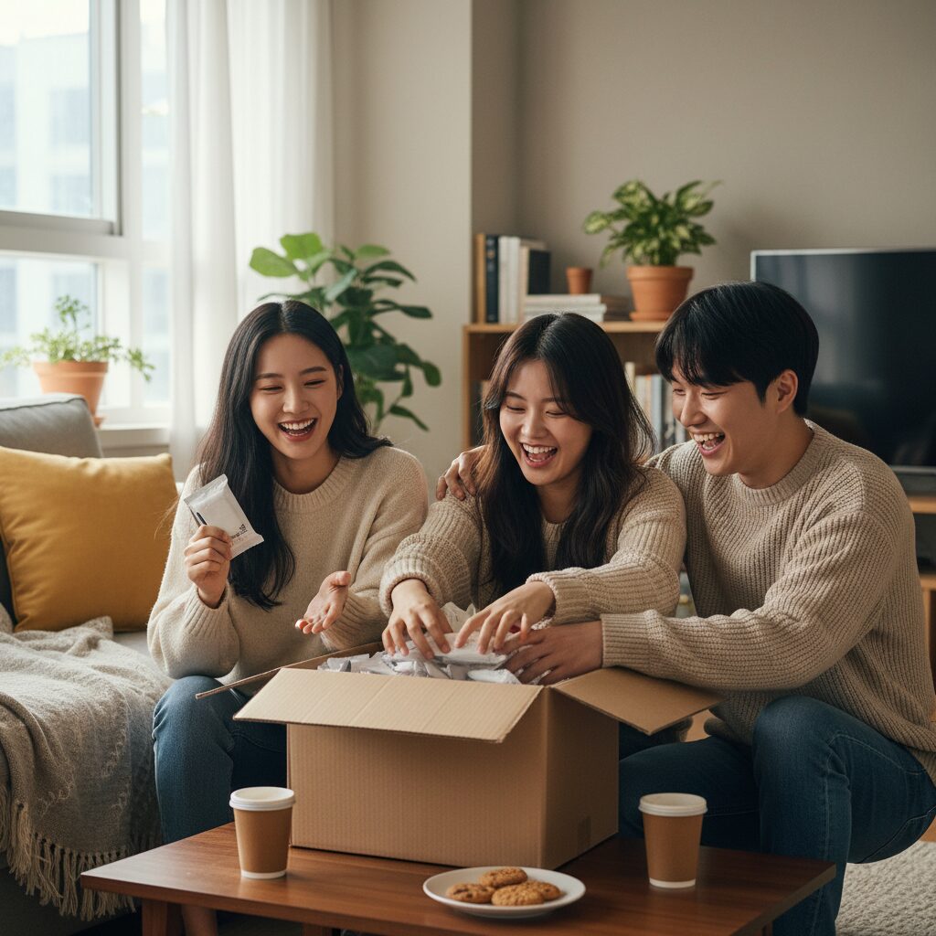 친구들과 함께 핫팩 박스를 열어보며 웃고 있는 사진