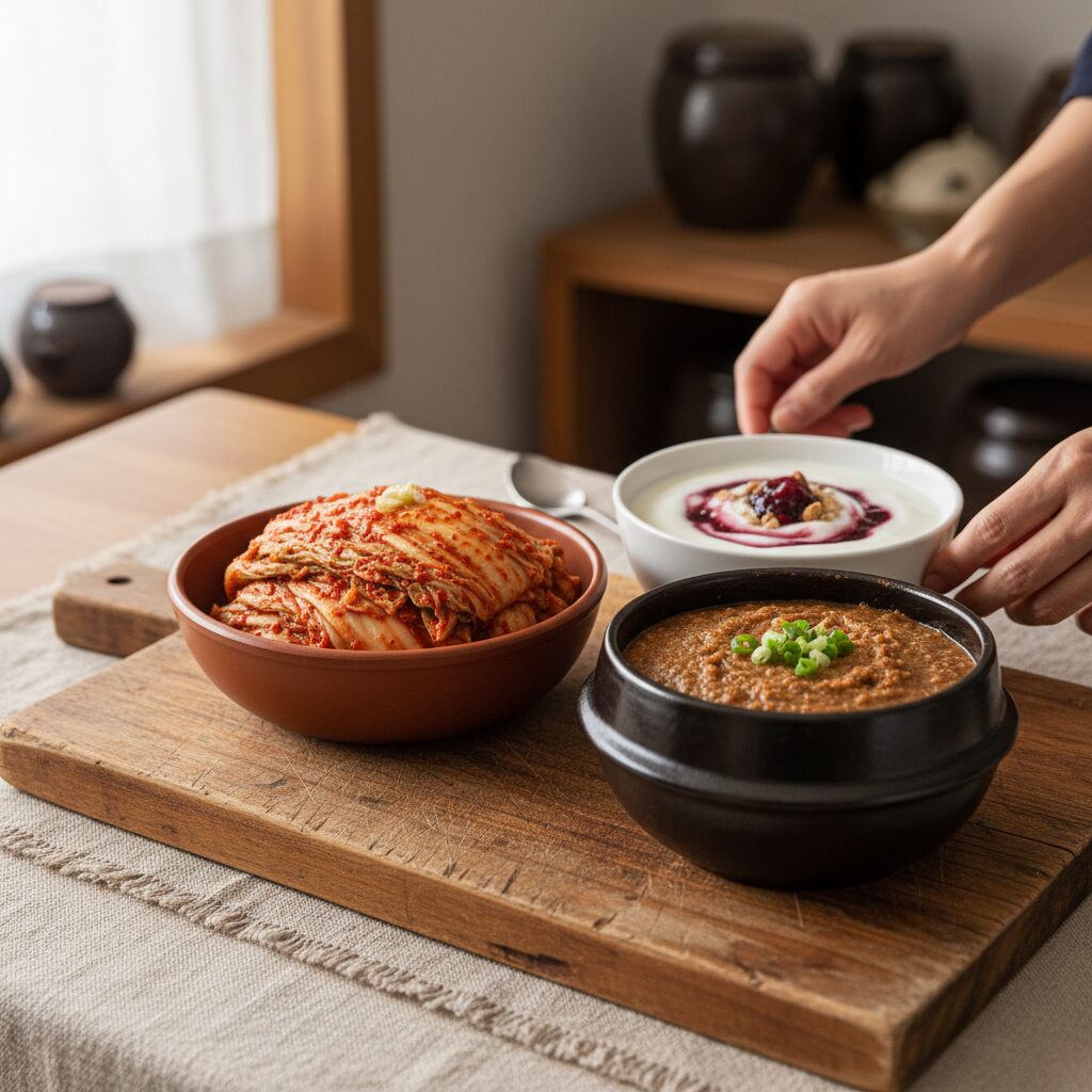 발효식품 김치 요거트 된장이 담긴 나무 도마 사진