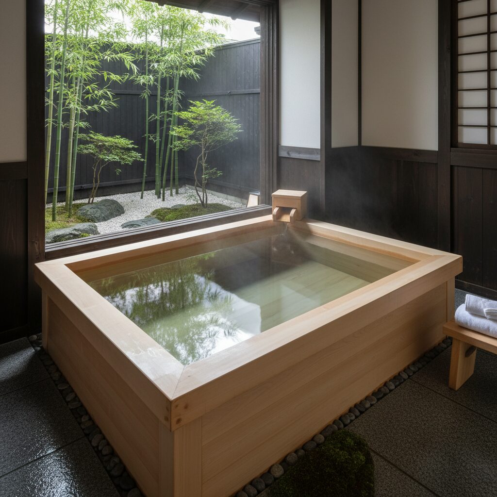 경주 료칸의 개별 편백나무 욕조 모습