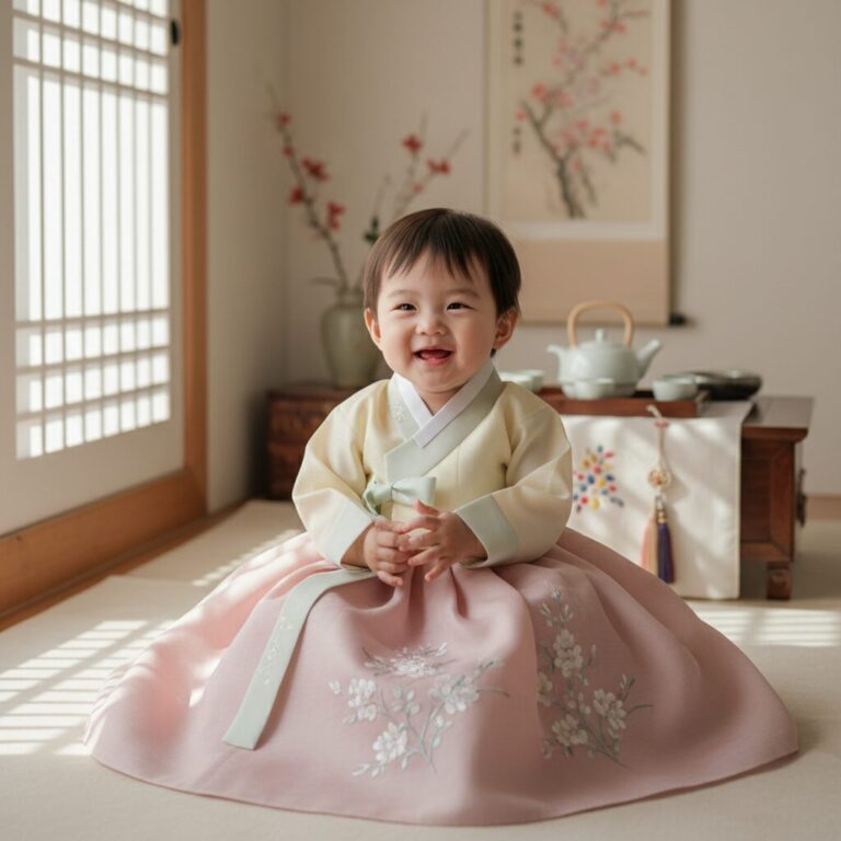 부드러운 원단으로 만들어진 전통 색상의 유아 한복을 입은 아이