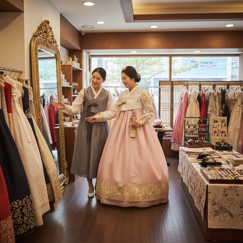 한복 대여점에서 직원과 함께 피팅 상담을 하는 모습