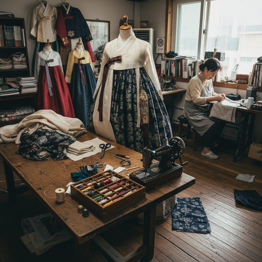 리폼 과정 중인 한복과 수선 도구들이 놓여 있는 작업실 모습