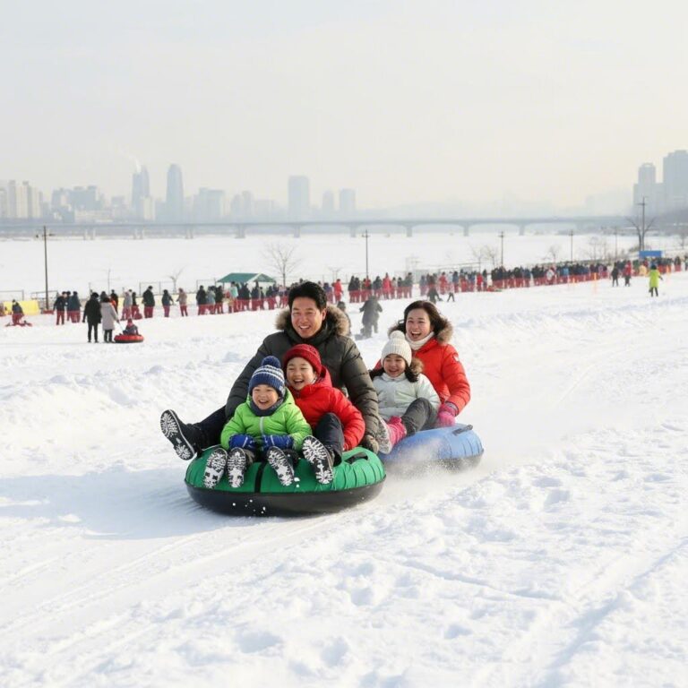 잠원한강공원 눈썰매장에서 가족이 튜브 썰매를 타는 모습