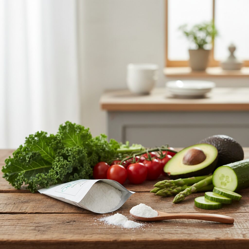 신선한 채소와 함께 놓인 키토올리고당 가루