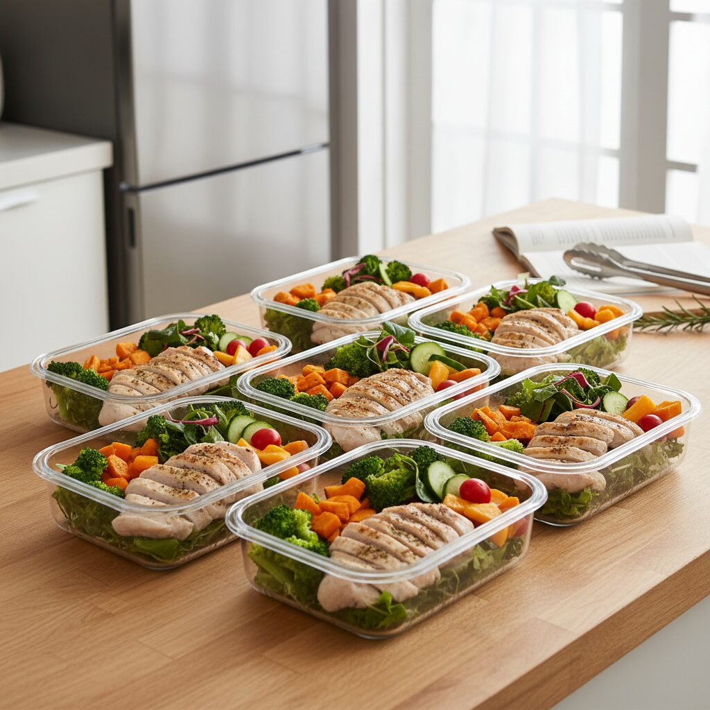 일주일치 다이어트 도시락 용기 준비된 닭가슴살과 채소