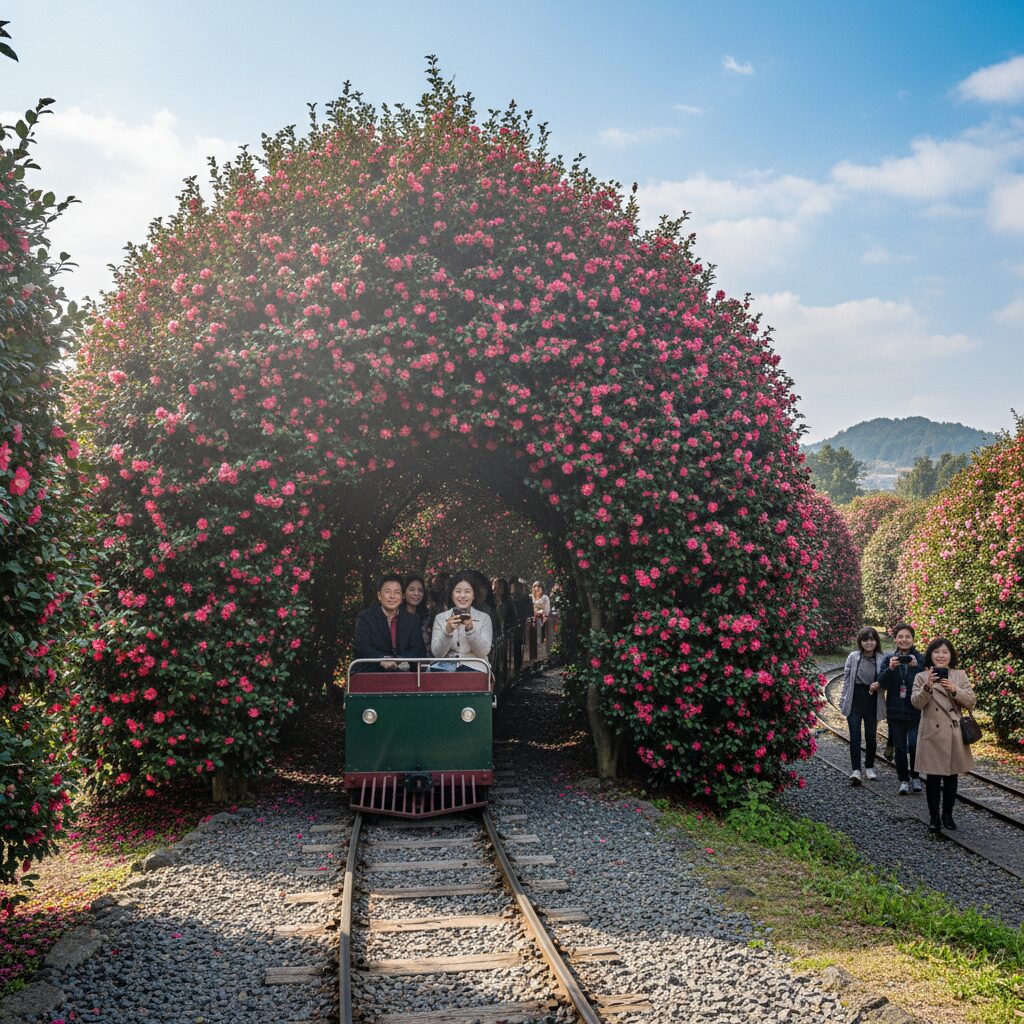 제주 허브동산 동백꽃 기찻길 터널 풍경