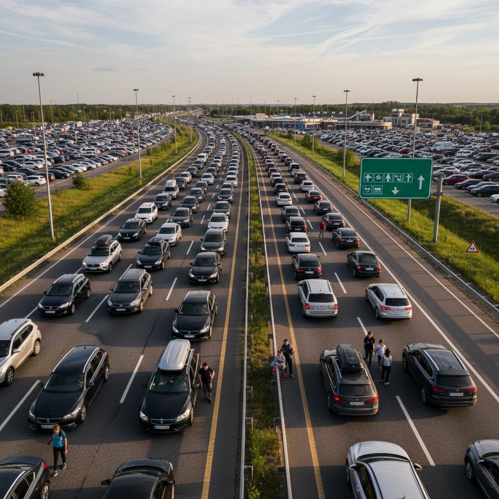 고속도로 휴게소 근처에서 발생한 심한 명절 귀성길 차량 정체 모습