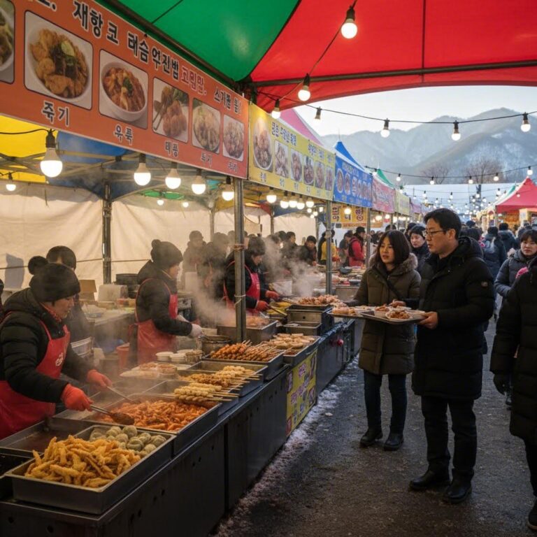홍천 꽁꽁축제 먹거리 장터 다양한 음식 판매 모습