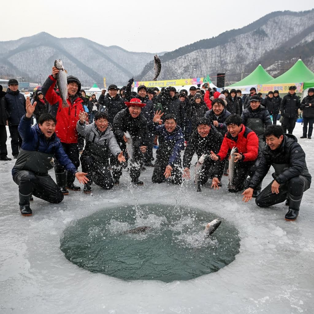 홍천 꽁꽁축제 맨손으로 송어 잡기 체험 모습