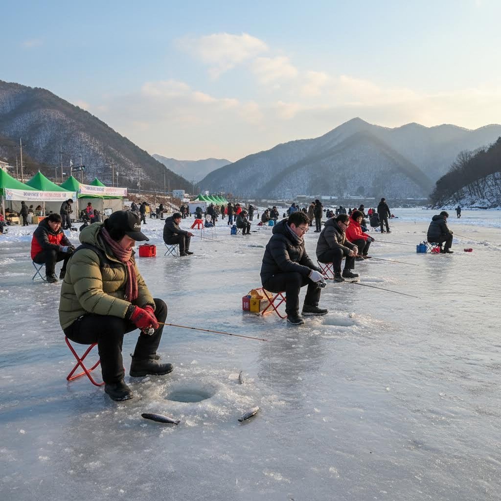 홍천 꽁꽁축제 얼음 위에서 송어 낚시하는 모습