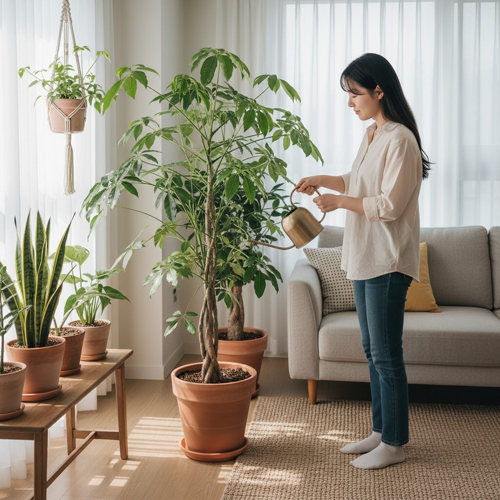 홍콩야자에 물을 주는 모습
