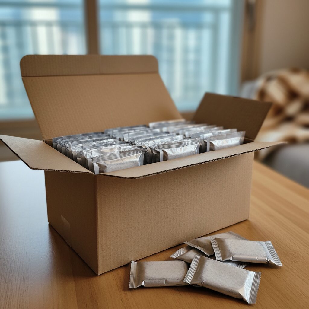 깔끔하게 정리된 핫팩 박스와 개별 포장 사진