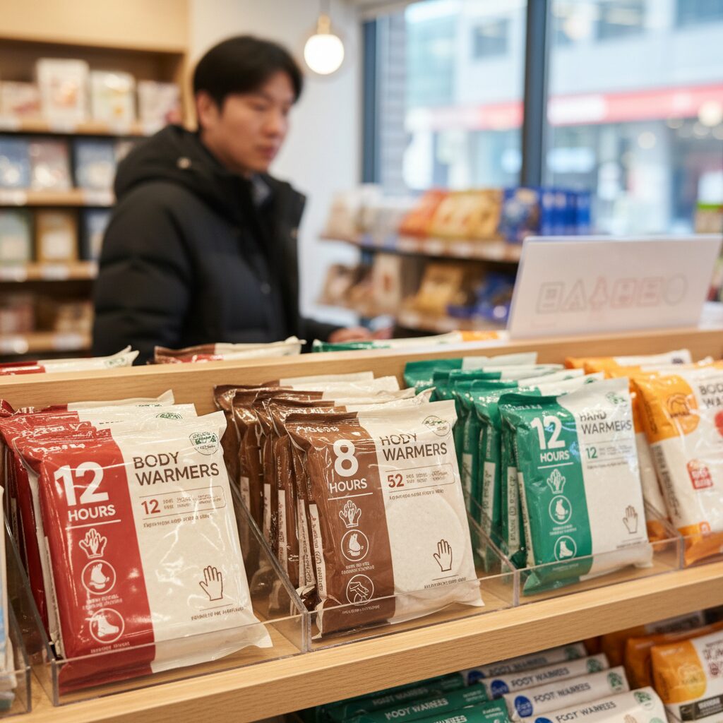 다양한 핫팩 종류와 발열 시간 표시가 있는 제품 포장 사진