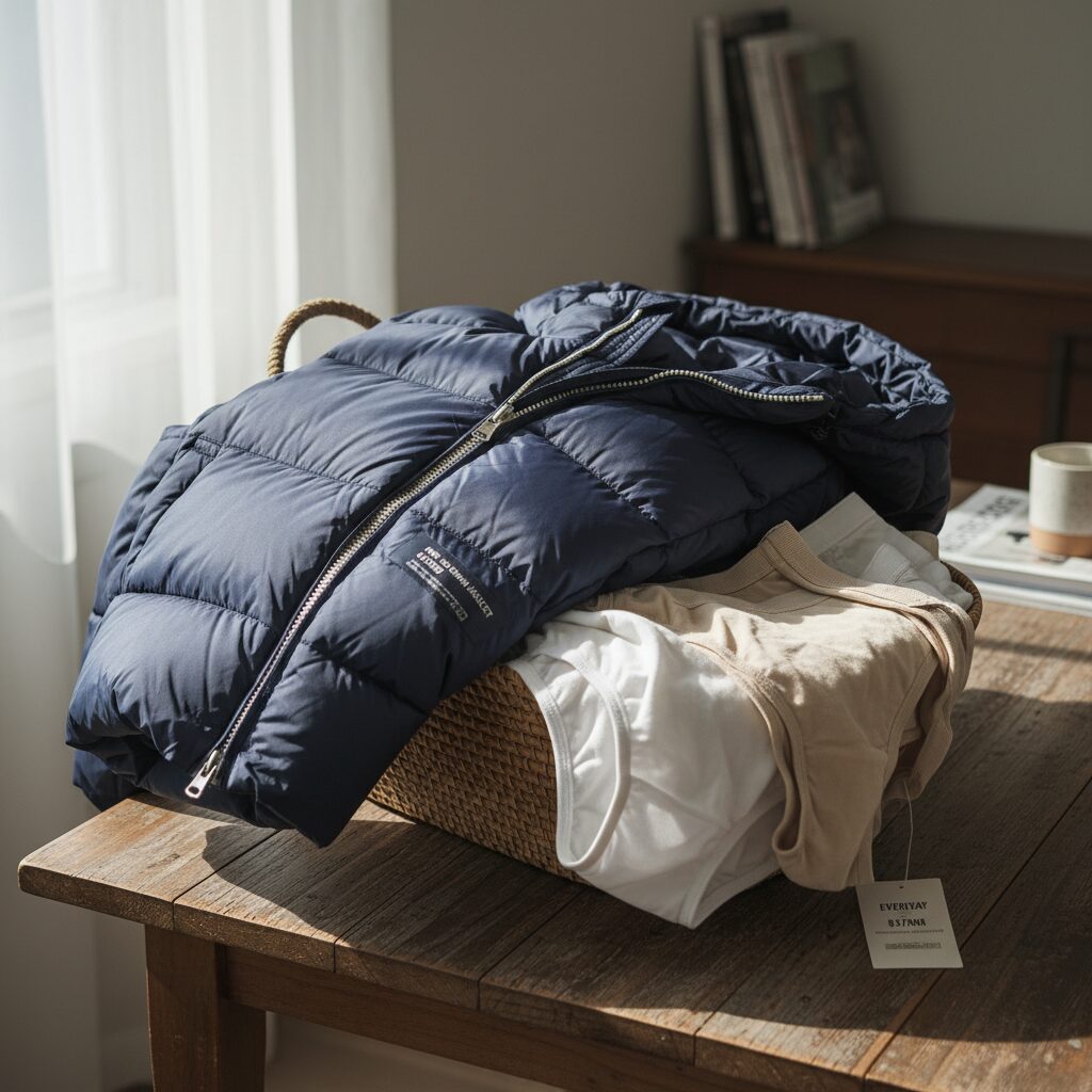 고가 패딩과 저가 속옷이 담긴 장바구니