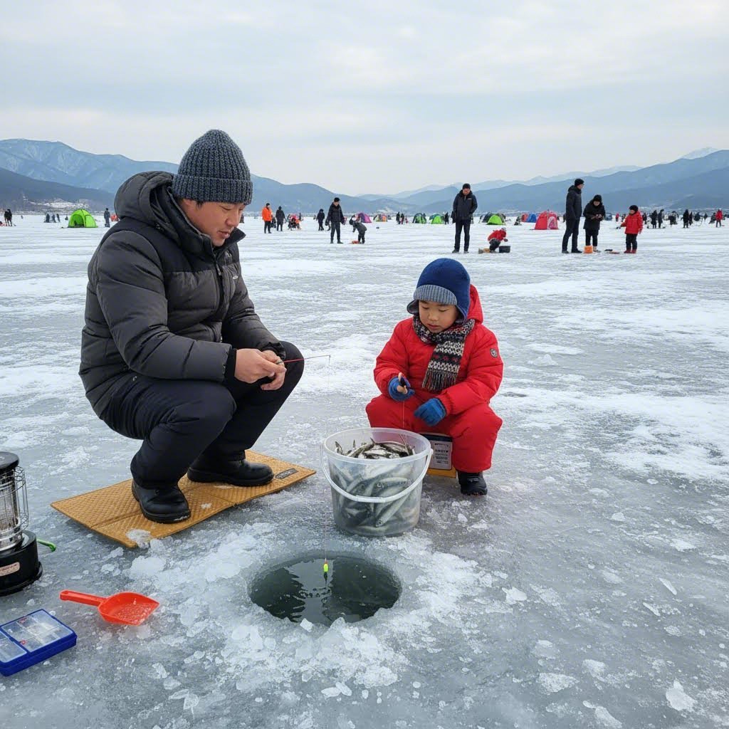 강화도 얼음낚시터에서 아이와 함께 빙어를 낚는 모습