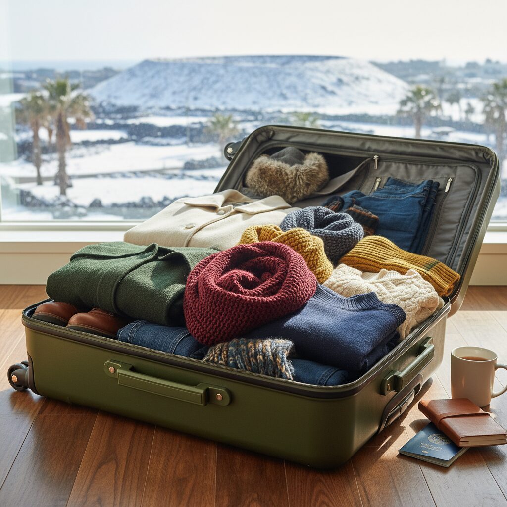 겨울 제주도 여행을 위한 코트와 목도리 등 패킹된 옷들