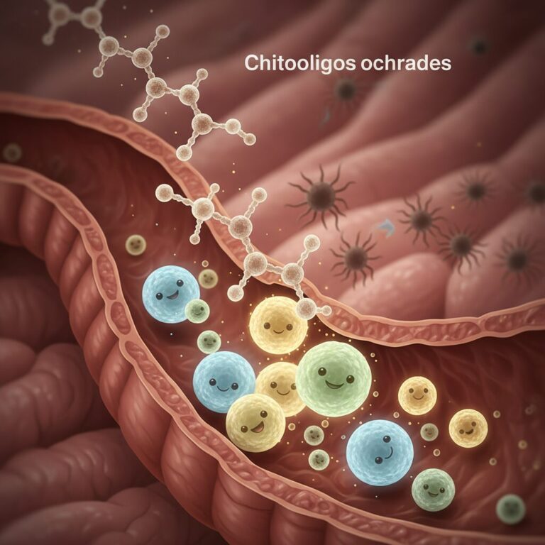 키토올리고당이 장내 유익균을 돕는 과정을 보여주는 일러스트
