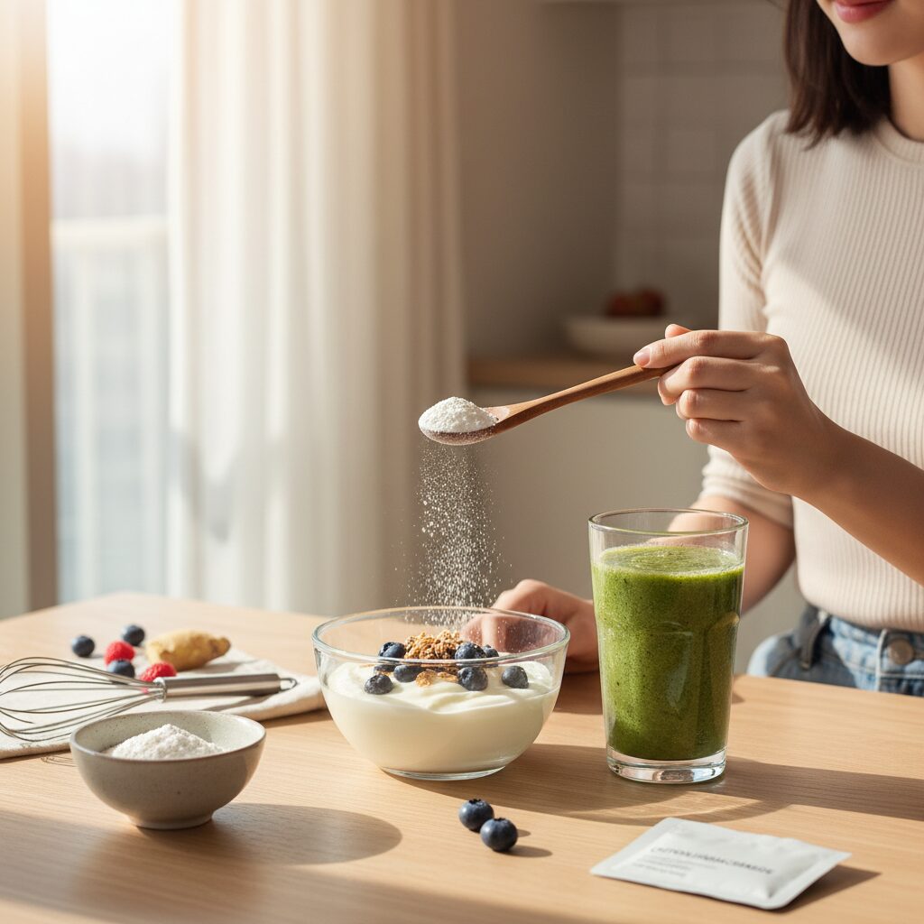 요거트와 스무디에 키토올리고당 가루를 넣는 모습