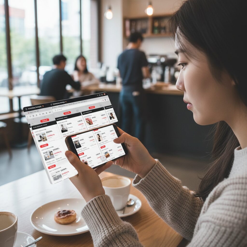 핸드폰으로 다양한 할인 앱과 웹사이트를 비교하며 쇼핑하는 모습