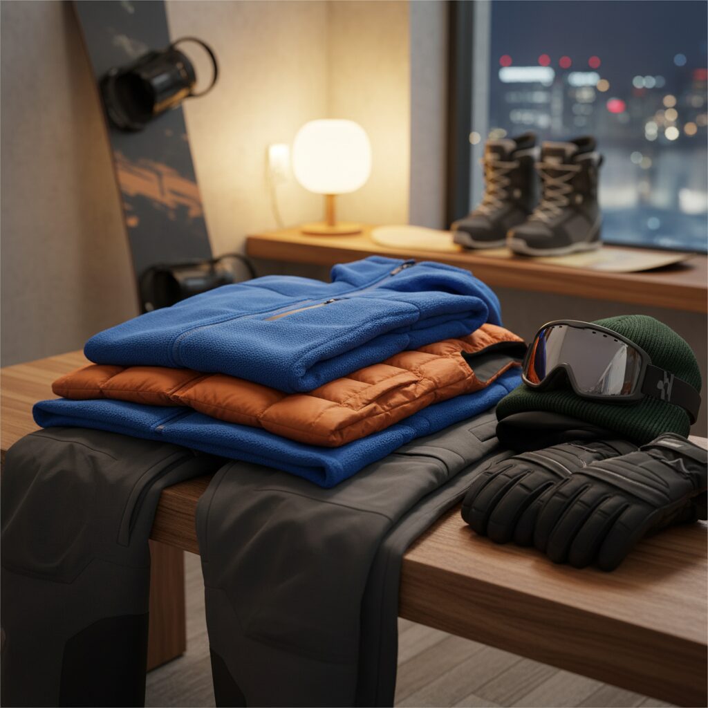 늦겨울 야간 보드를 위한 기능성 내의와 중간 레이어 옷들이 겹쳐져 놓여 있는 사진