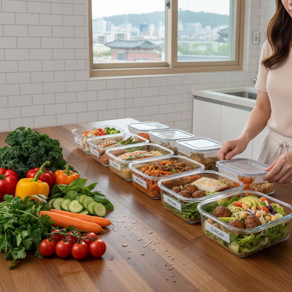 일주일 동안 따라하는 저속 노화 식단표 일주일 식단 준비 도시락과 신선한 채소가 정리된 사진