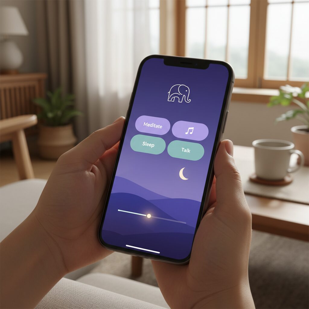스마트폰 화면에 표시된 명상 앱 코끼리의 인터페이스, 보라색 계열의 차분한 디자인