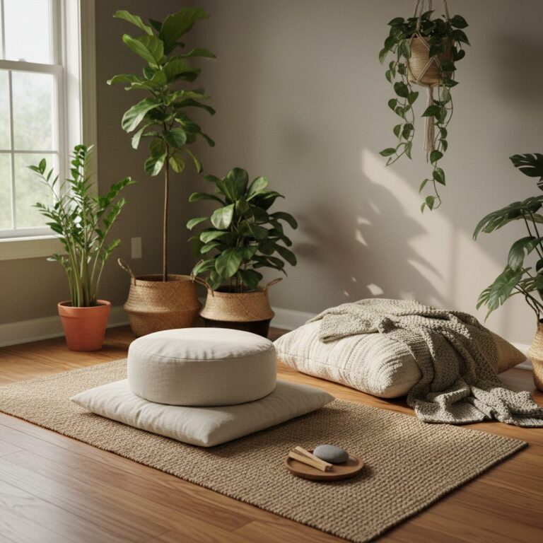 집안의 아늑한 코너에 깔린 요가 매트와 쿠션, 담요, 식물이 있는 평화로운 명상 공간