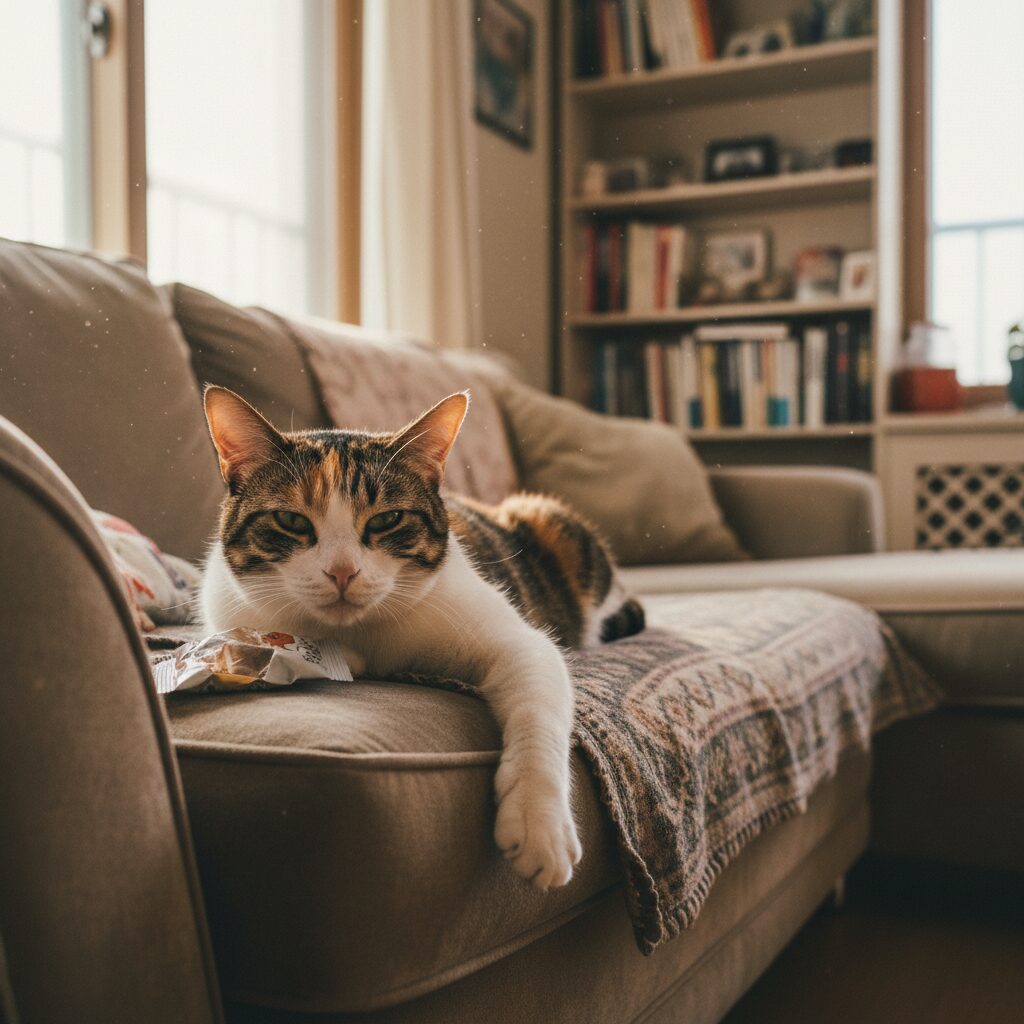 소파에 누워 지쳐있는 고양이 밈 이미지
