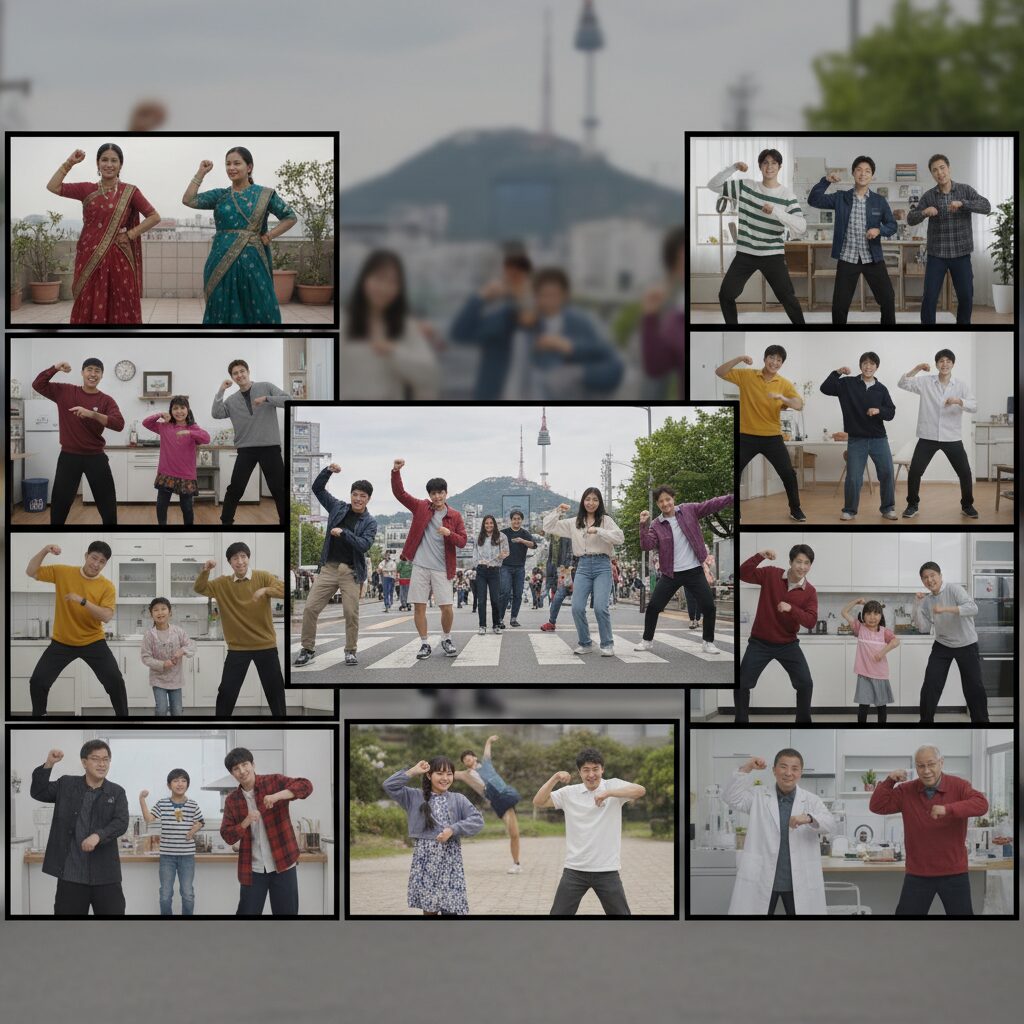 다양한 사람들이 같은 춤 동작을 따라하는 챌린지 밈 영상 콜라주