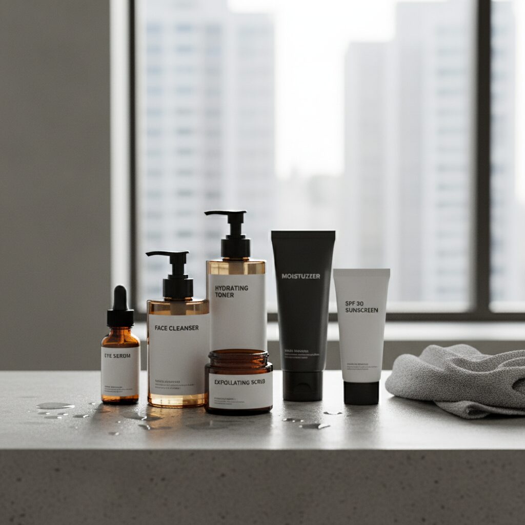 남성의 간단한 스킨케어 루틴에 필요한 제품들