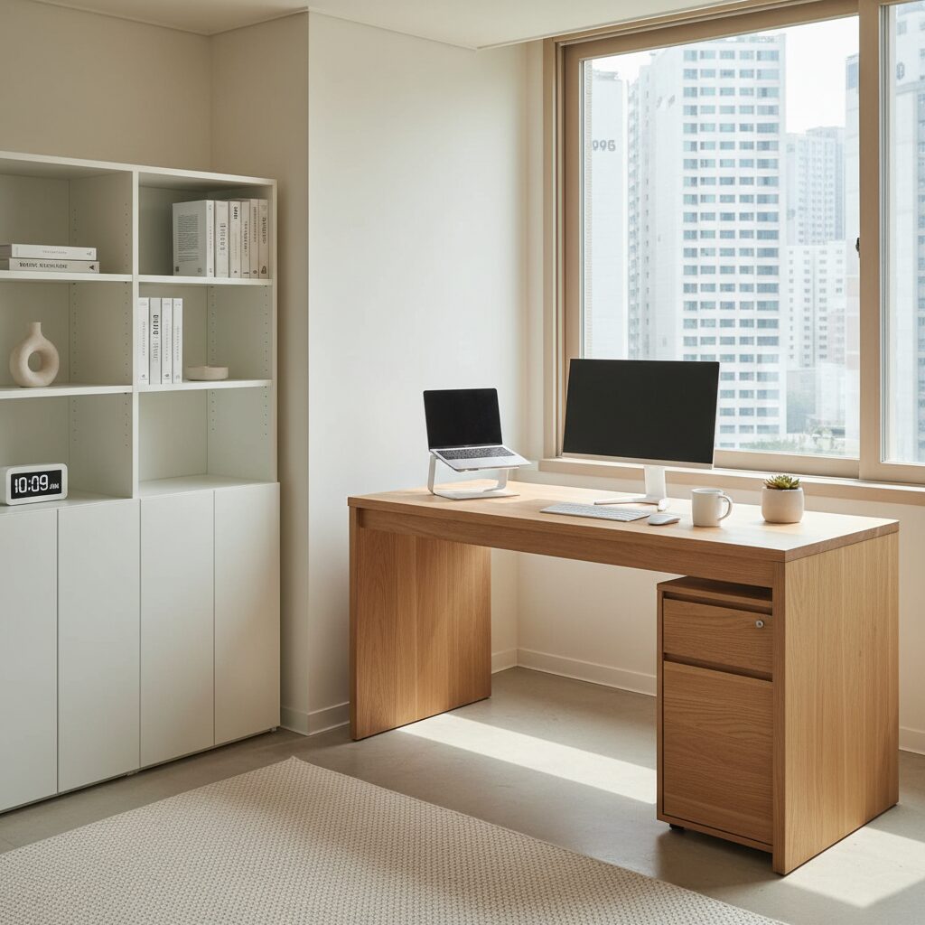 깔끔하게 정리된 미니멀리스트 작업 책상과 수납장