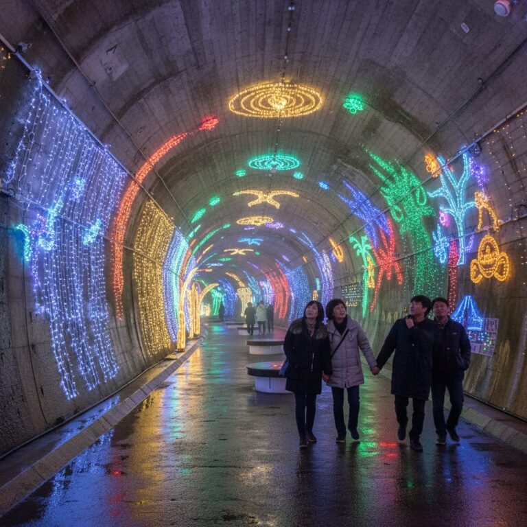 밀양 트윈터널 내부의 환상적인 조명 풍경