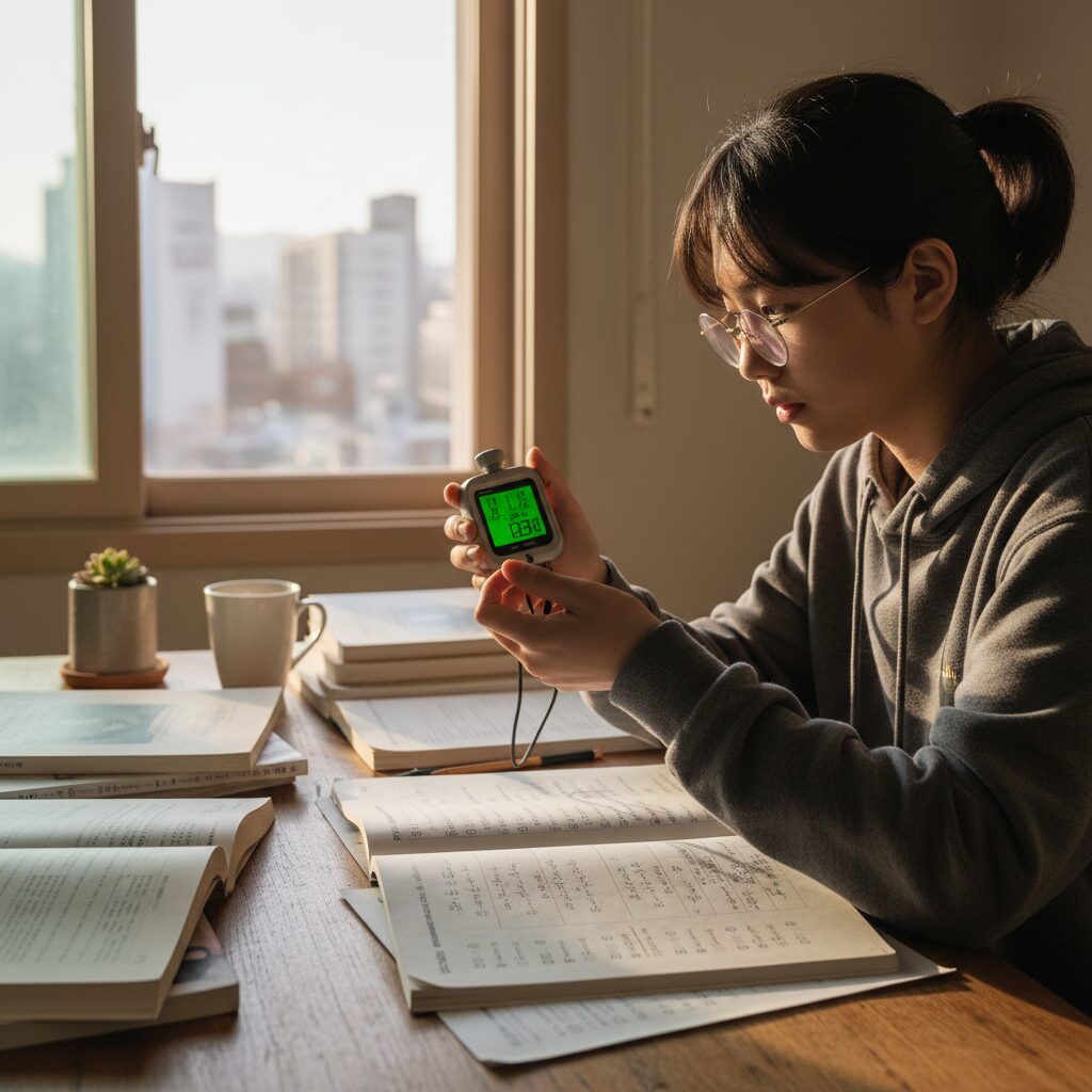 스톱워치와 문제지를 보며 시간을 측정하며 공부하는 모습