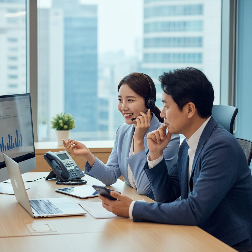 친절한 상담사가 알뜰폰 고객의 문의를 받고 있는 모습
