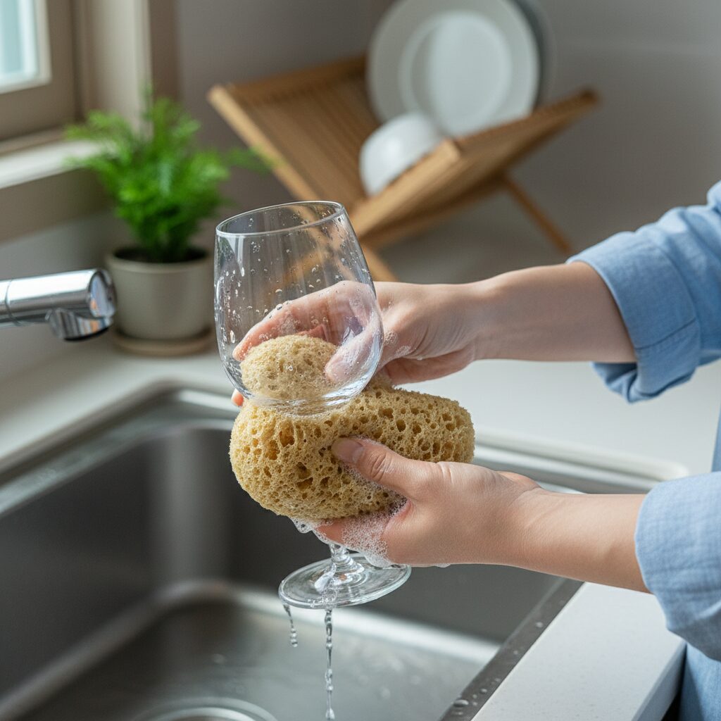 천연 스펀지와 친환경 세제로 유리잔을 닦고 있는 여자의 손