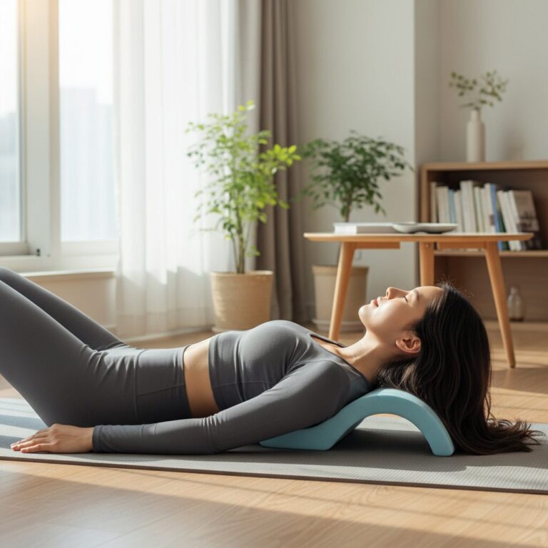 목 스트레칭 도구를 사용하여 누워있는 여성