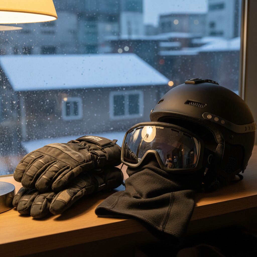 야간 스노우보드에 필요한 장갑 고글 헬멧 마스크가 정리되어 있는 사진