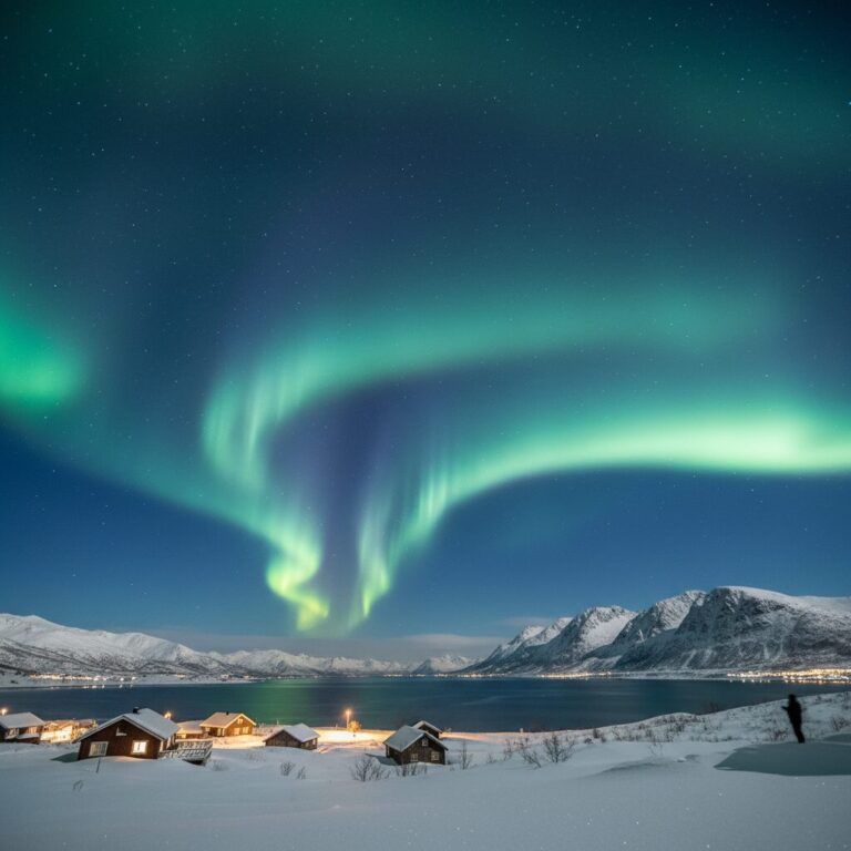 노르웨이 트롬쇠 상공의 푸르른 오로라