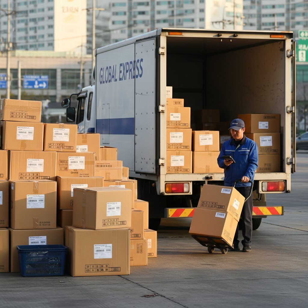 해외직구 택배 박스들이 택배 트럭 앞에 쌓여 있는 모습