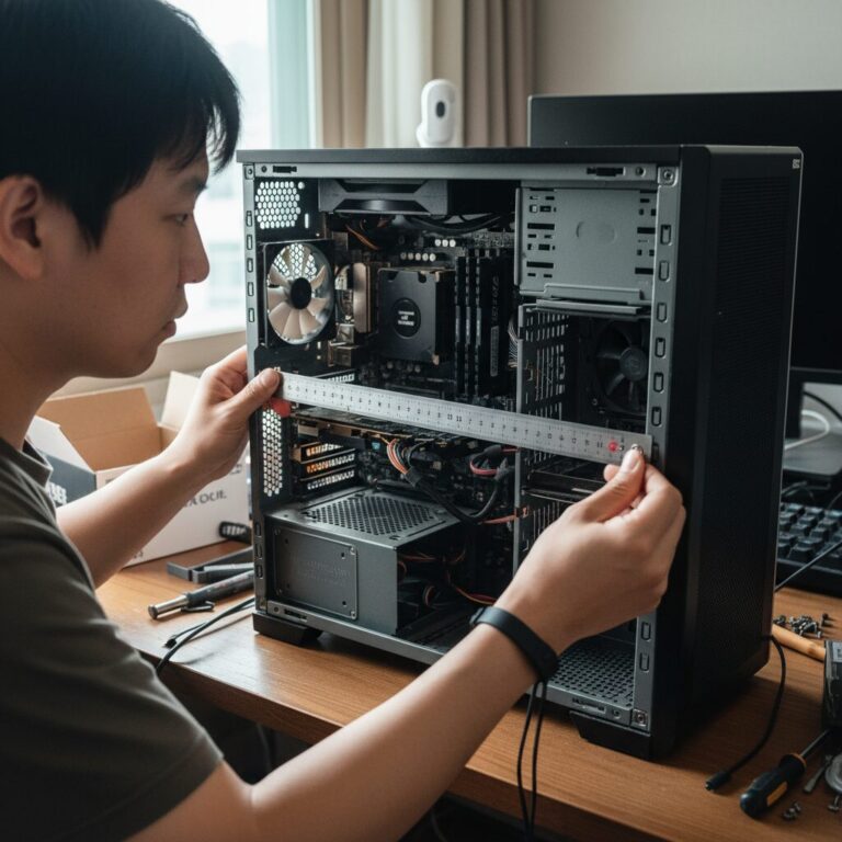 PC 케이스 안에서 자로 그래픽카드 설치 공간을 재는 모습