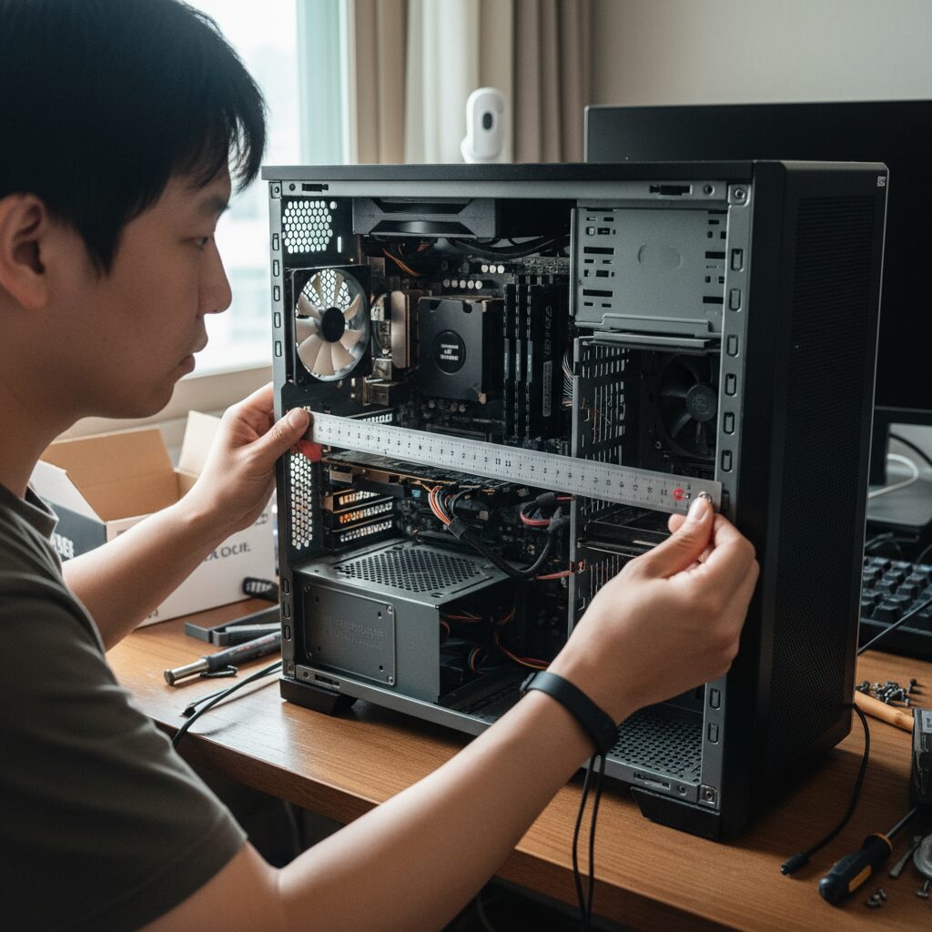 PC 케이스 안에서 자로 그래픽카드 설치 공간을 재는 모습